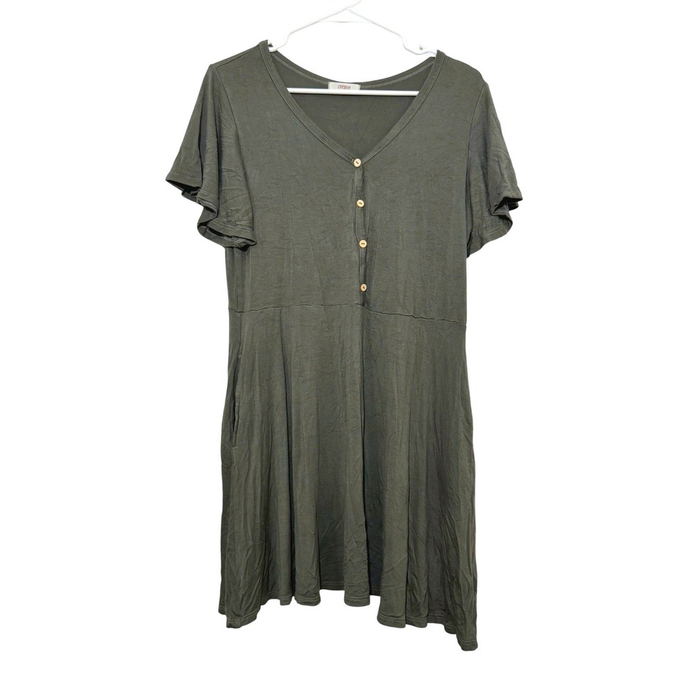 Cherish Green Short Flutter Sleeve V-Neck Pocket Dress Medium Soft Casual Beach